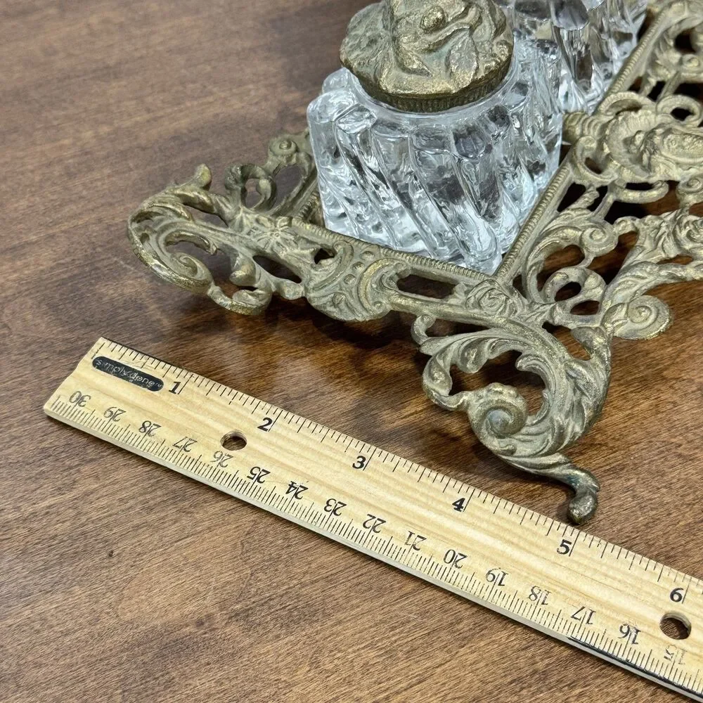 Antique Ornate Brass Double Inkwell Stand with Two Glass Ink Pots Victorian Era - Picture 11 of 11